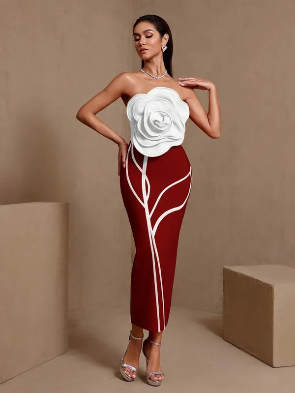 Ekeshwara_White_Rose_Red_Bodycon_Midi_Dress