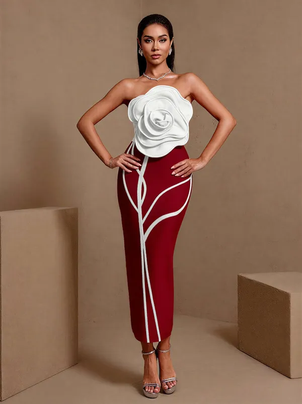 Ekeshwara_White_Rose_Red_Bodycon_Midi_Dress