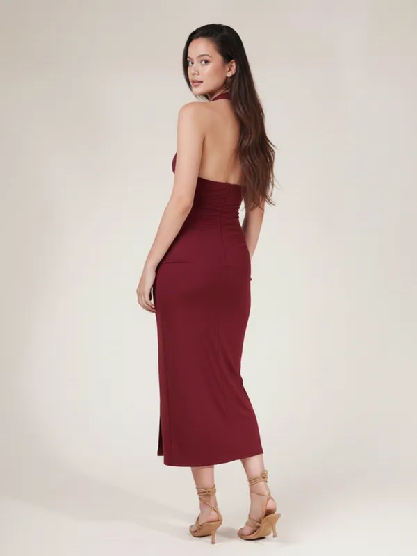 Ekeshwara_Wine_Cross-Front_Ruched_Midi_Dress_with_Side_Slit|_Model_Height_5.8inch_,_Fabric_All_Way_Stretchable