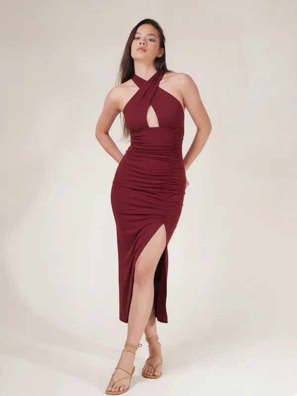 Ekeshwara_Wine_Cross-Front_Ruched_Midi_Dress_with_Side_Slit|_Model_Height_5.8inch_,_Fabric_All_Way_Stretchable