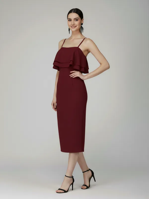 Ekeshwara_Wine_Layered_Ruffle_Cami_Midi_Dress|_Model_Height_5.8inch_,_Fabric_All_Way_Stretchable
