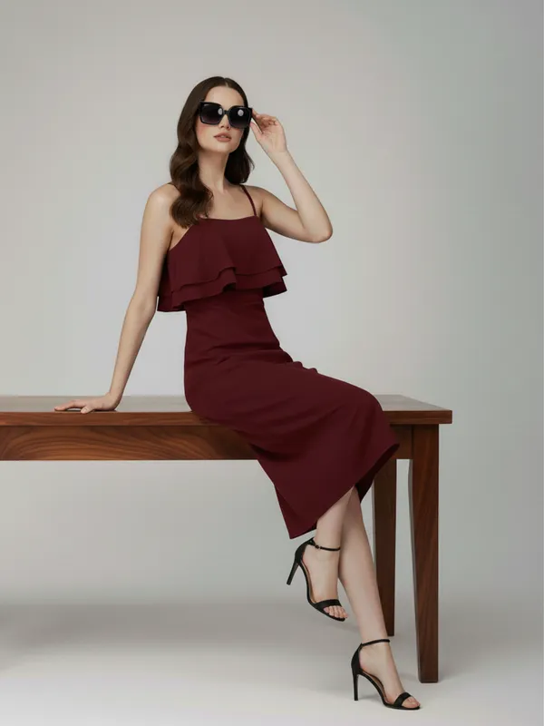 Ekeshwara_Wine_Layered_Ruffle_Cami_Midi_Dress|_Model_Height_5.8inch_,_Fabric_All_Way_Stretchable