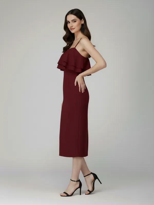 Ekeshwara_Wine_Layered_Ruffle_Cami_Midi_Dress|_Model_Height_5.8inch_,_Fabric_All_Way_Stretchable
