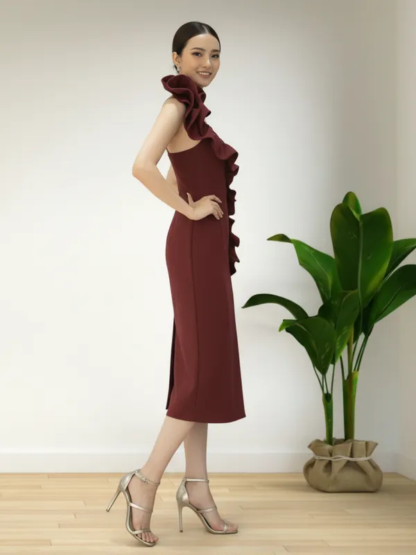 Maroon_One_Shoulder_Ruffle_Slit_Party_Dress_For_Women