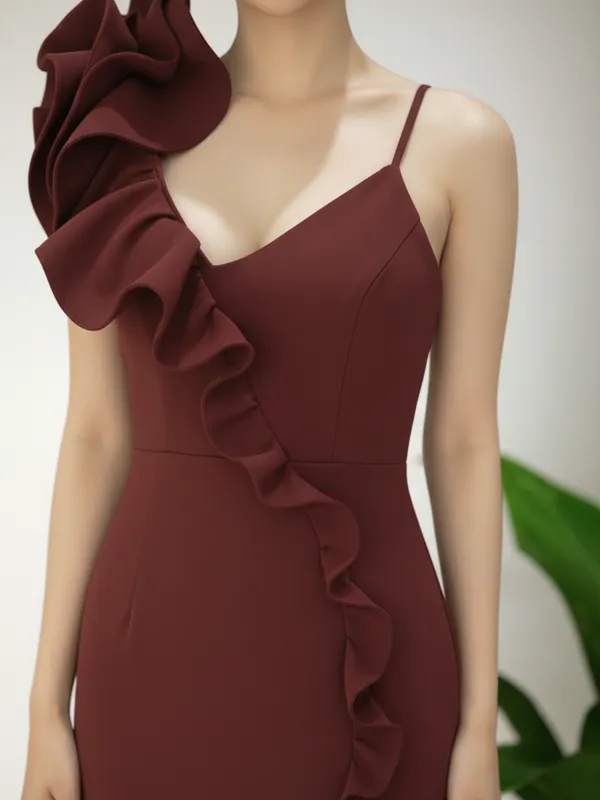 Maroon_One_Shoulder_Ruffle_Slit_Party_Dress_For_Women
