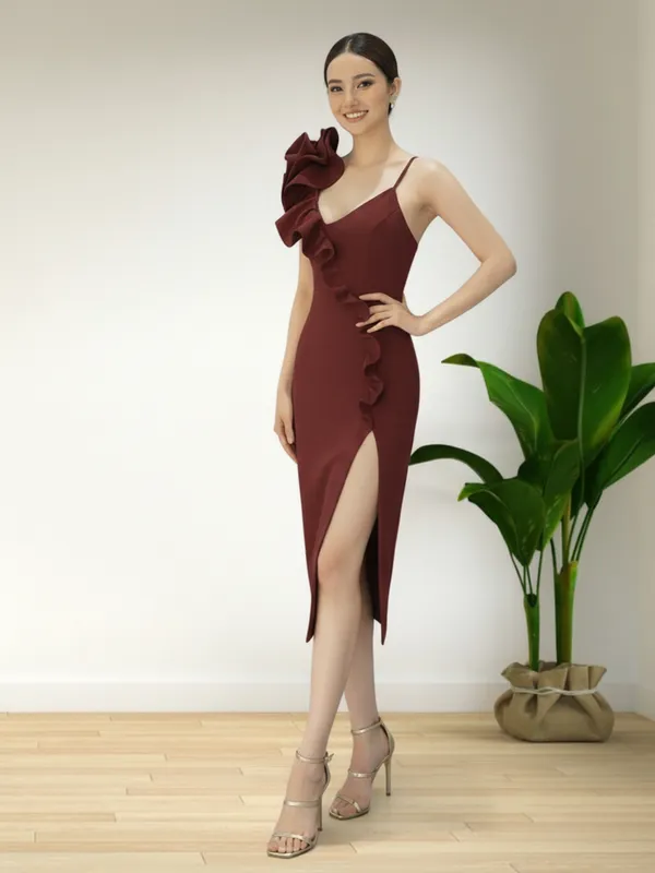 Maroon_One_Shoulder_Ruffle_Slit_Party_Dress_For_Women