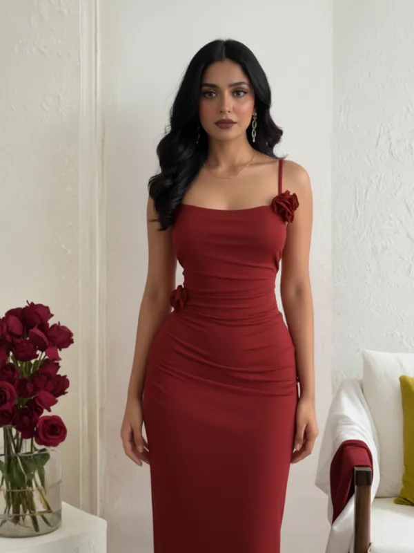 Ekeshwara_Wine_Strappy_Backless_Maxi_Dress_with_Floral_Shoulder_Detail|_Model_Height_5.8inch_,_Fabric_All_Way_Stretchable