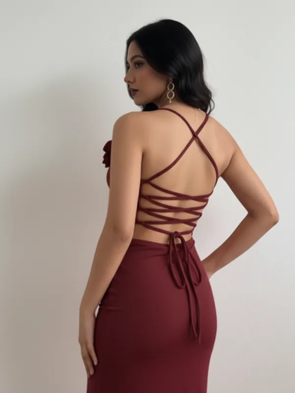 Ekeshwara_Wine_Strappy_Backless_Maxi_Dress_with_Floral_Shoulder_Detail|_Model_Height_5.8inch_,_Fabric_All_Way_Stretchable
