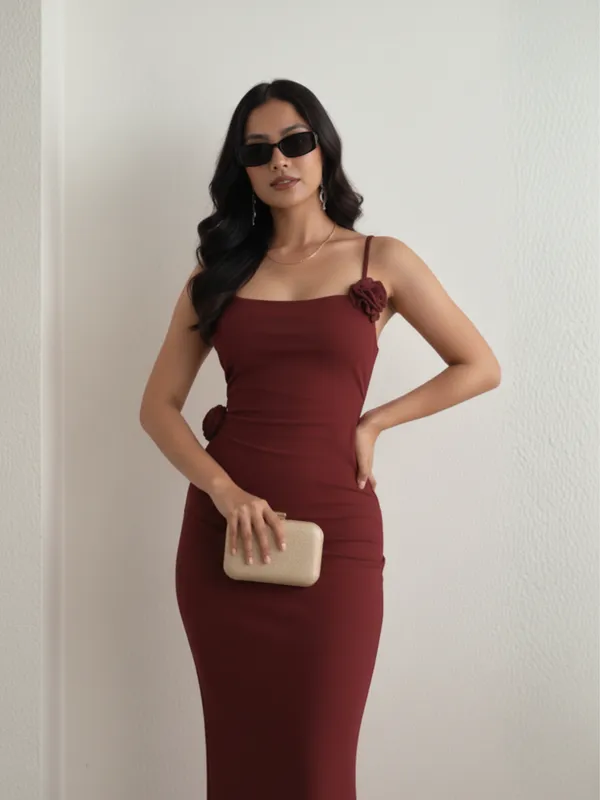 Ekeshwara_Wine_Strappy_Backless_Maxi_Dress_with_Floral_Shoulder_Detail|_Model_Height_5.8inch_,_Fabric_All_Way_Stretchable