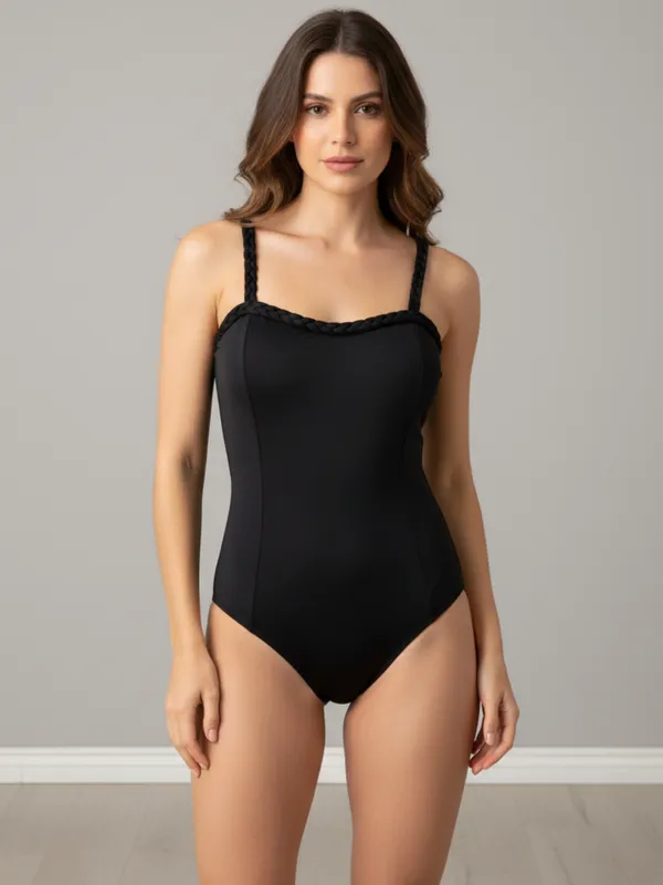 Ekeshwara_Women's_Black_Braided_Strap_Bodysuit|_Model_Height_5.8inch_,_Fabric_All_Way_Stretchable