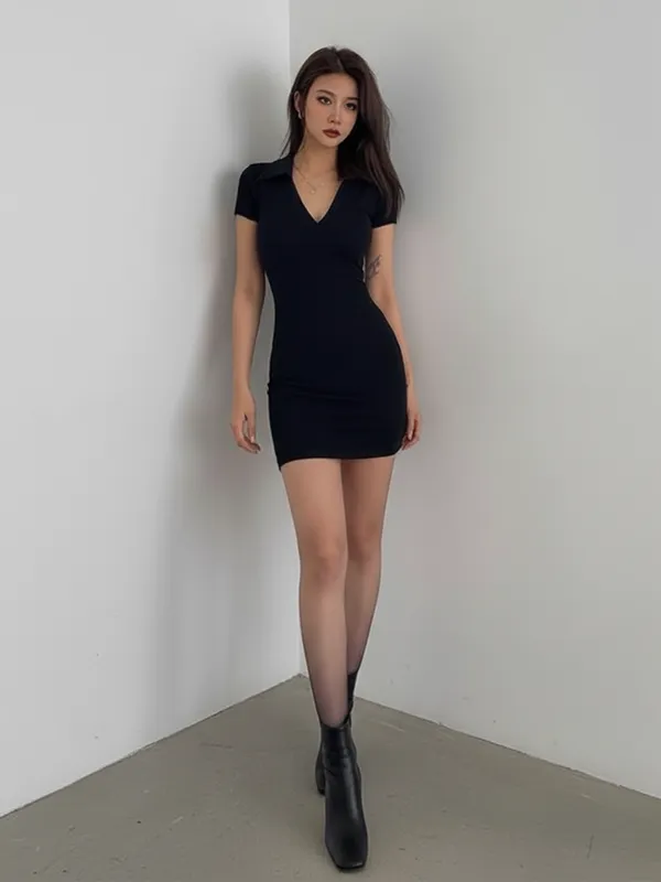 Ekeshwara_Women's_Black_Collared_Bodycon_Mini_Dress_??Short_Sleeve,_V-Neck|_Model_Height_5.8inch_,_Fabric_All_Way_Stretchable