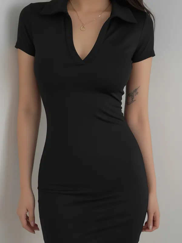 Ekeshwara_Women's_Black_Collared_Bodycon_Mini_Dress_??Short_Sleeve,_V-Neck|_Model_Height_5.8inch_,_Fabric_All_Way_Stretchable