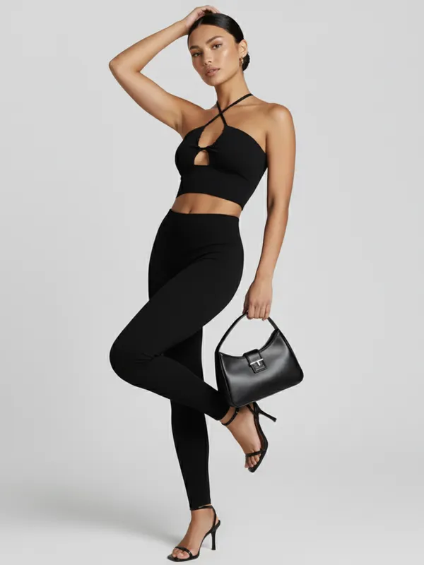 Ekeshwara_Women's_Black_Crisscross_Cutout_Halter_Crop_Top|_Model_Height_5.8inch_,_Fabric_All_Way_Stretchable