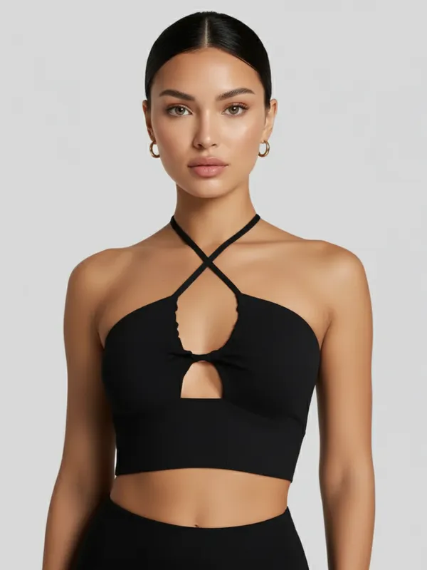 Ekeshwara_Women's_Black_Crisscross_Cutout_Halter_Crop_Top|_Model_Height_5.8inch_,_Fabric_All_Way_Stretchable