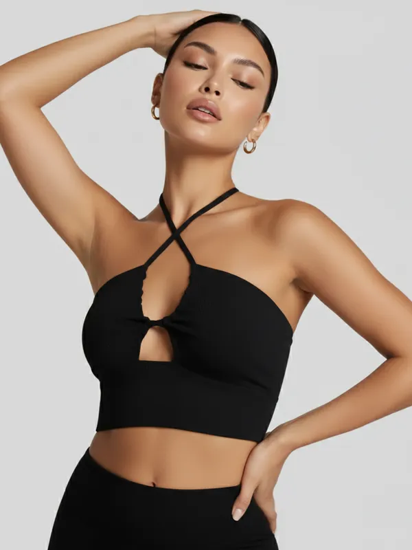 Ekeshwara_Women's_Black_Crisscross_Cutout_Halter_Crop_Top|_Model_Height_5.8inch_,_Fabric_All_Way_Stretchable