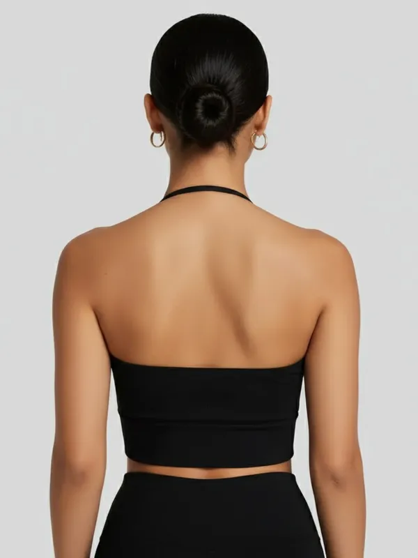 Ekeshwara_Women's_Black_Crisscross_Cutout_Halter_Crop_Top|_Model_Height_5.8inch_,_Fabric_All_Way_Stretchable