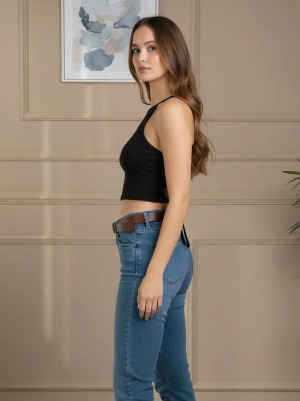 Ekeshwara_Women's_Black_Crisscross_Lace-Up_Back_Crop_Top|_Model_Height_5.8inch_,_Fabric_All_Way_Stretchable