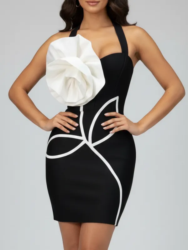 Ekeshwara_Women's_Black_Halter_Bodycon_Dress_with_Oversized_White_Floral_Appliqu?|_Model_Height_5.8inch_,_Fabric_All_Way_Stretchable