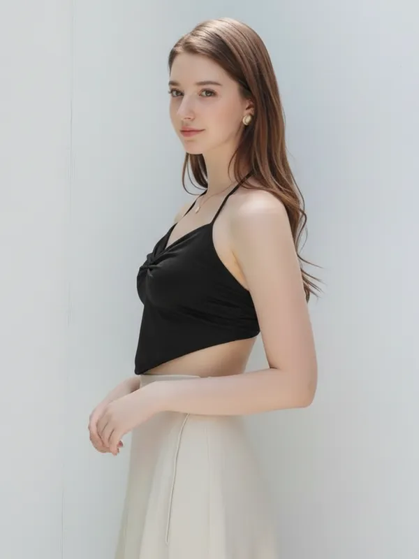 Ekeshwara_Women's_Black_Halter_Neck_Ruched_Crop_Top|_Model_Height_5.8inch_,_Fabric_All_Way_Stretchable