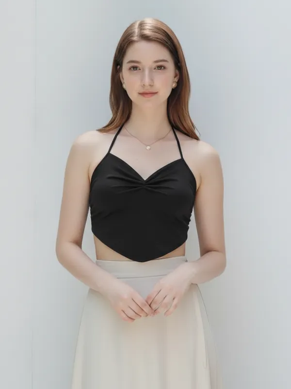 Ekeshwara_Women's_Black_Halter_Neck_Ruched_Crop_Top|_Model_Height_5.8inch_,_Fabric_All_Way_Stretchable