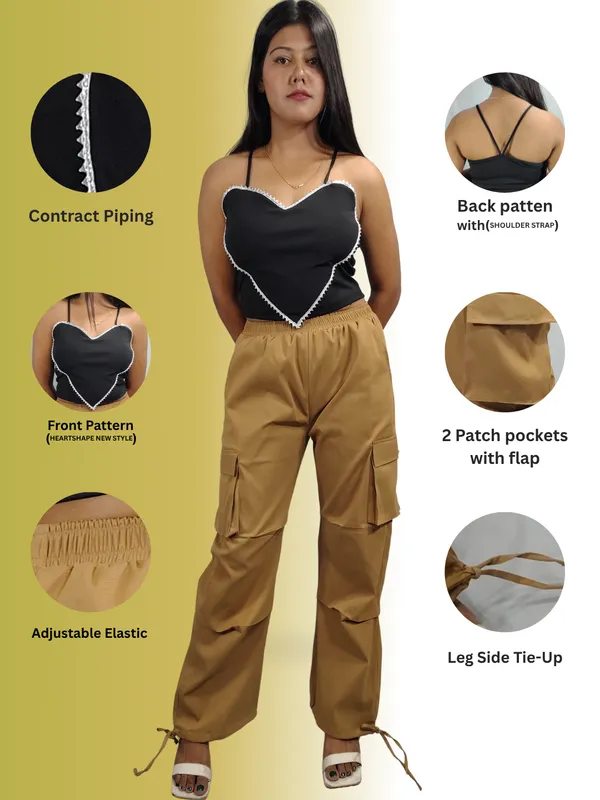 Ekeshwara_Women's_Black_Heart_Lace_Camisole_Top_&_Tan_Utility_Cargo_Pants_Set|_Model_Height_5.8inch_,_Fabric_All_Way_Stretchable