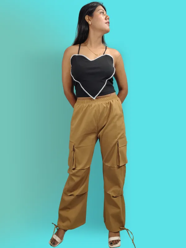 Ekeshwara_Women's_Black_Heart_Lace_Camisole_Top_&_Tan_Utility_Cargo_Pants_Set|_Model_Height_5.8inch_,_Fabric_All_Way_Stretchable