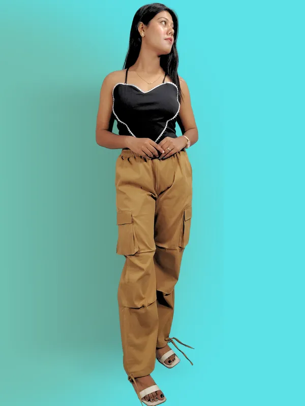 Ekeshwara_Women's_Black_Heart_Lace_Camisole_Top_&_Tan_Utility_Cargo_Pants_Set|_Model_Height_5.8inch_,_Fabric_All_Way_Stretchable