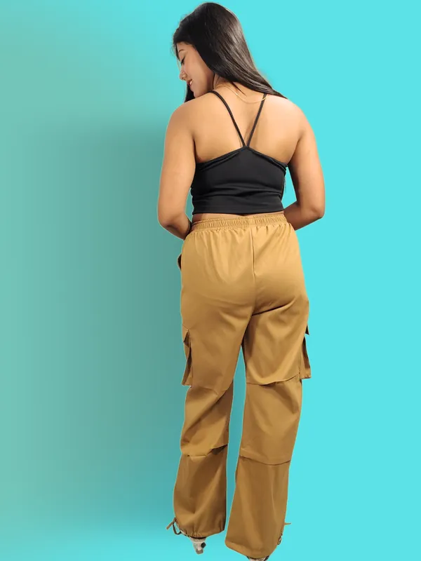Ekeshwara_Women's_Black_Heart_Lace_Camisole_Top_&_Tan_Utility_Cargo_Pants_Set|_Model_Height_5.8inch_,_Fabric_All_Way_Stretchable