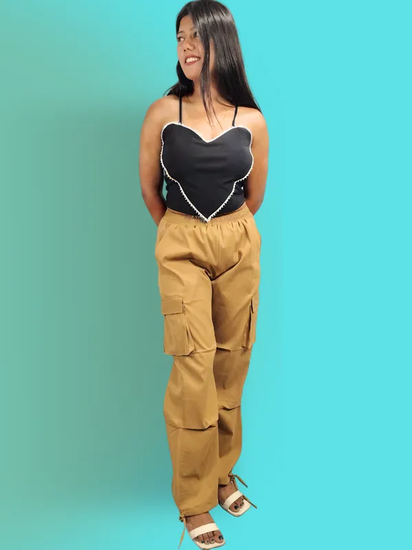 Ekeshwara_Women's_Black_Heart_Lace_Camisole_Top_&_Tan_Utility_Cargo_Pants_Set|_Model_Height_5.8inch_,_Fabric_All_Way_Stretchable