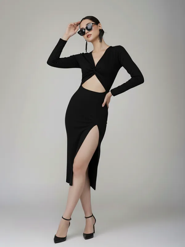Ekeshwara_Women's_Black_Knot_Front_Cut-Out_Slit_Midi_Dress|_Model_Height_5.8inch_,_Fabric_All_Way_Stretchable