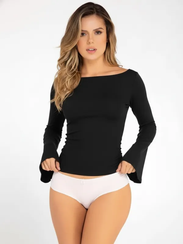 Ekeshwara_Women's_Black_Long_Sleeve_Flared_Cuff_Top|_Model_Height_5.8inch_,_Fabric_All_Way_Stretchable