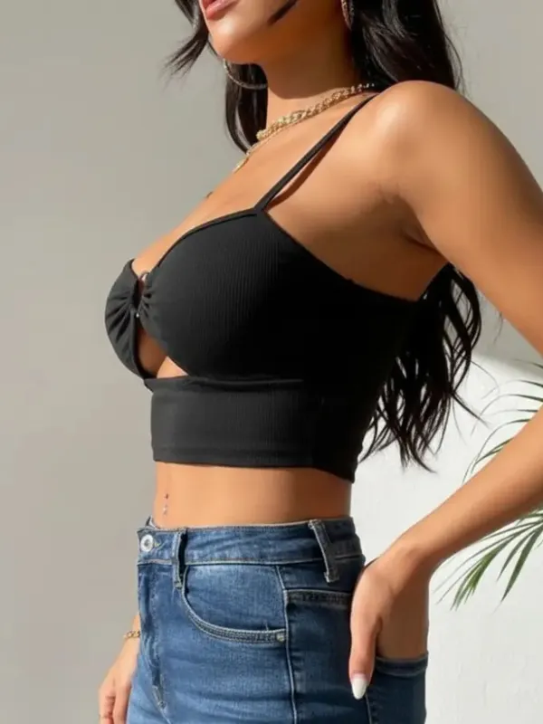 Ekeshwara_Women's_Black_O-Ring_Front_Cutout_Crop_Top|_Model_Height_5.8inch_,_Fabric_All_Way_Stretchable