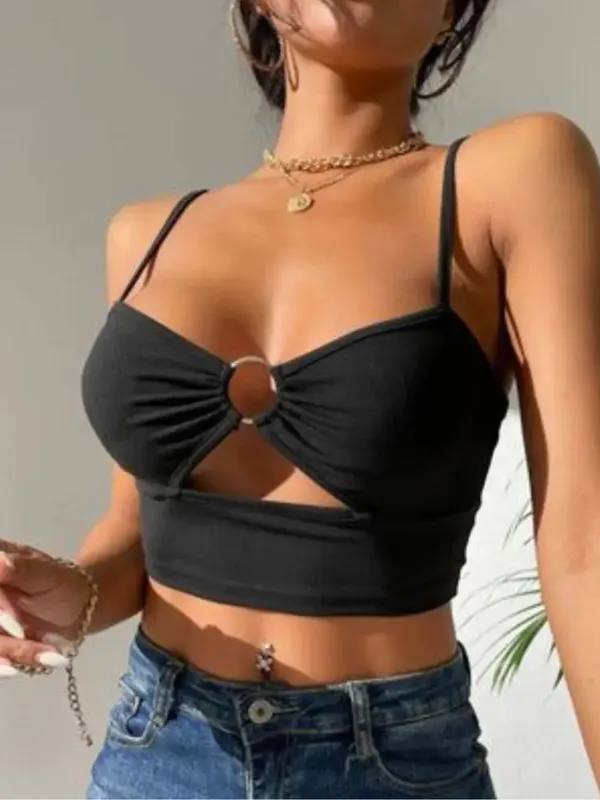 Ekeshwara_Women's_Black_O-Ring_Front_Cutout_Crop_Top|_Model_Height_5.8inch_,_Fabric_All_Way_Stretchable