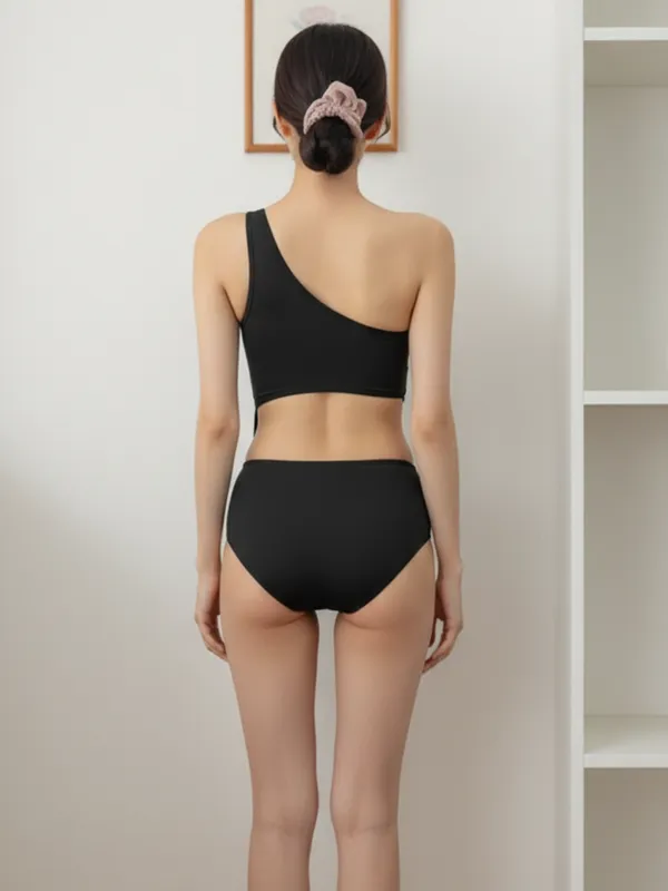 Ekeshwara_Women's_Black_One_Shoulder_Cut-Out_Bodysuit|_Model_Height_5.8inch_,_Fabric_All_Way_Stretchable