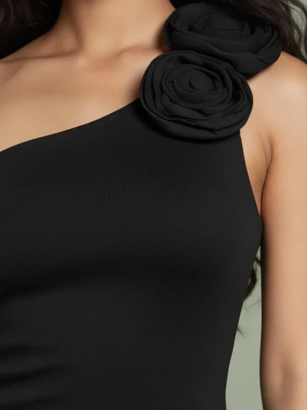 Ekeshwara_Women's_Black_One-Shoulder_Floral_Appliqu?_Bodycon_Dress|_Model_Height_5.8inch_,_Fabric_All_Way_Stretchable