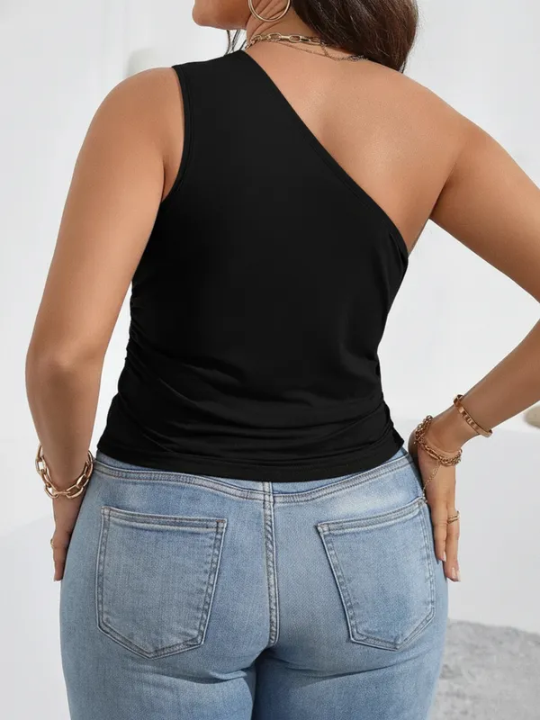 Ekeshwara_Women's_Black_One_Shoulder_Ruched_Hem_Tank_Top|_Model_Height_5.8inch_,_Fabric_All_Way_Stretchable