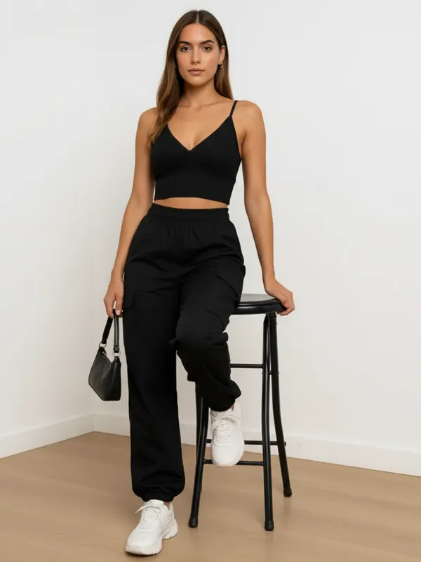Ekeshwara_Women's_Black_Ribbed_V-Neck_Crop_Top_&_Black_Cargo_Jogger_Pants_Set|_Model_Height_5.8inch_,_Fabric_All_Way_Stretchable