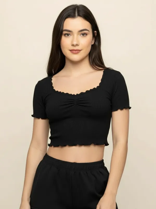 Ekeshwara_Women's_Black_Short_Sleeve_Ruched_Crop_Top_&_Black_Cargo_Joggers_Set|_Model_Height_5.8inch_,_Fabric_All_Way_Stretchable
