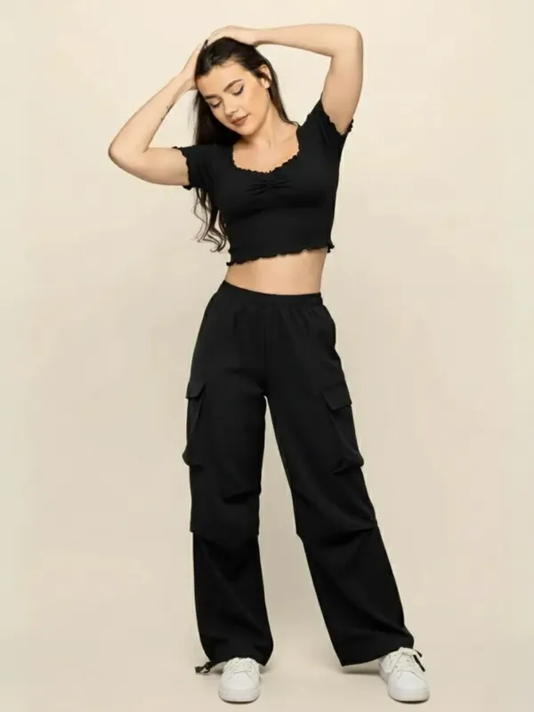 Ekeshwara_Women's_Black_Short_Sleeve_Ruched_Crop_Top_&_Black_Cargo_Joggers_Set|_Model_Height_5.8inch_,_Fabric_All_Way_Stretchable