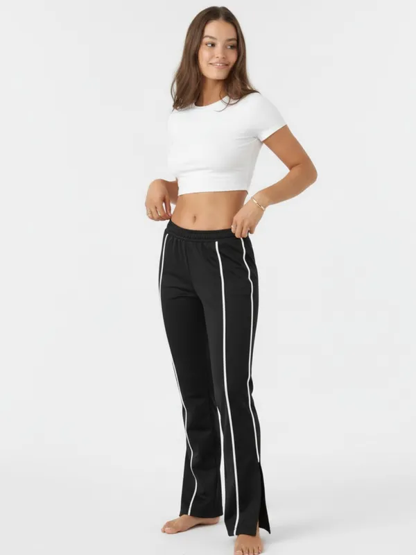 Ekeshwara_Women's_Black_Side_Stripe_High_Waist_Track_Pants|_Model_Height_5.8inch_,_Fabric_All_Way_Stretchable