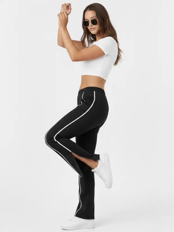 Ekeshwara_Women's_Black_Side_Stripe_High_Waist_Track_Pants|_Model_Height_5.8inch_,_Fabric_All_Way_Stretchable