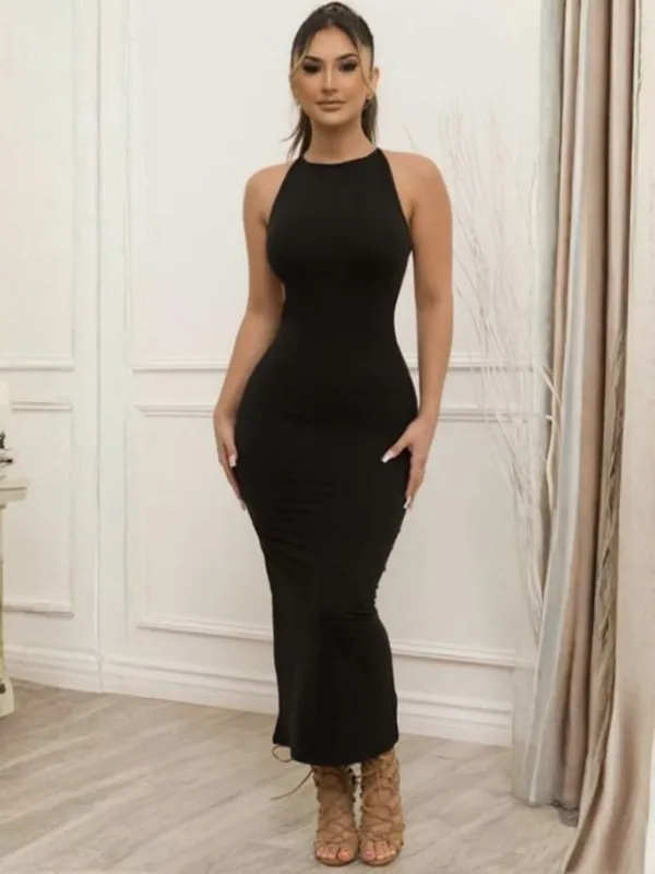 Ekeshwara_Women's_Black_Sleeveless_Backless_Maxi_Dress|_Model_Height_5.8inch_,_Fabric_All_Way_Stretchable