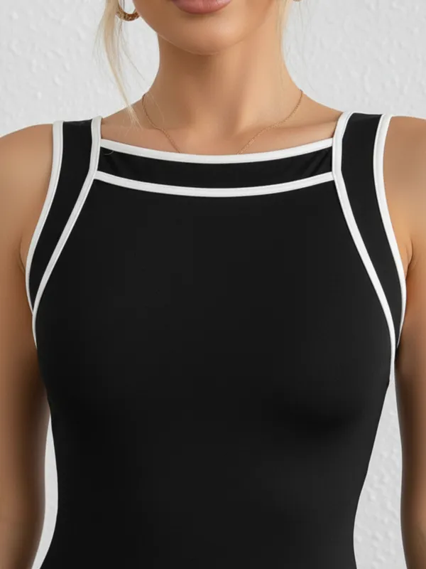 Ekeshwara_Women's_Black_Sleeveless_Bodycon_Midi_Dress_??White_Trim,_Crew_Neck|_Model_Height_5.8inch_,_Fabric_All_Way_Stretchable