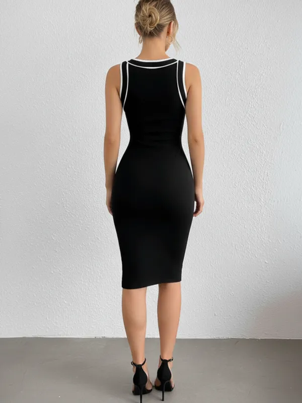 Ekeshwara_Women's_Black_Sleeveless_Bodycon_Midi_Dress_??White_Trim,_Crew_Neck|_Model_Height_5.8inch_,_Fabric_All_Way_Stretchable