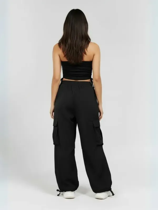Onyx_Black_Ruched_Tube_Top_&_Parachute_Cargo_Co-ord_Set|_Model_Height_5.8inch_,_Fabric_All_Way_Stretchable