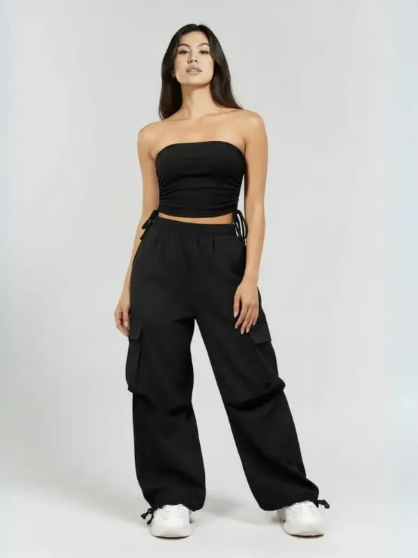 Onyx_Black_Ruched_Tube_Top_&_Parachute_Cargo_Co-ord_Set|_Model_Height_5.8inch_,_Fabric_All_Way_Stretchable