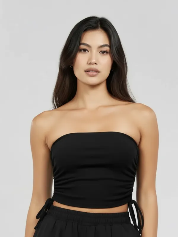 Onyx_Black_Ruched_Tube_Top_&_Parachute_Cargo_Co-ord_Set|_Model_Height_5.8inch_,_Fabric_All_Way_Stretchable