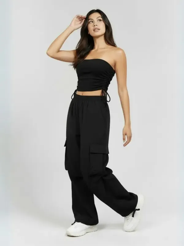 Onyx_Black_Ruched_Tube_Top_&_Parachute_Cargo_Co-ord_Set|_Model_Height_5.8inch_,_Fabric_All_Way_Stretchable