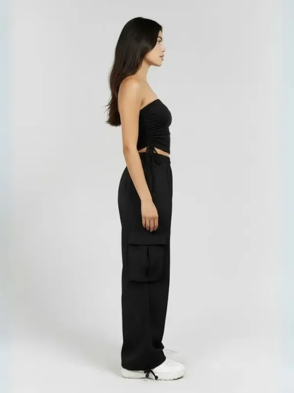 Onyx_Black_Ruched_Tube_Top_&_Parachute_Cargo_Co-ord_Set|_Model_Height_5.8inch_,_Fabric_All_Way_Stretchable