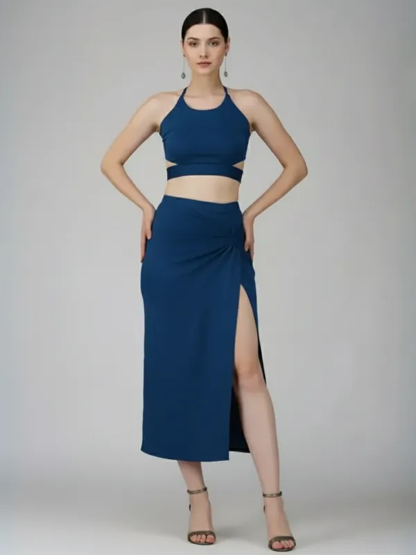 Ekeshwara_Women's_Blue_Cut-Out_Backless_Knot_Detail_Halter_Midi_Dress|_Model_Height_5.8inch_,_Fabric_All_Way_Stretchable